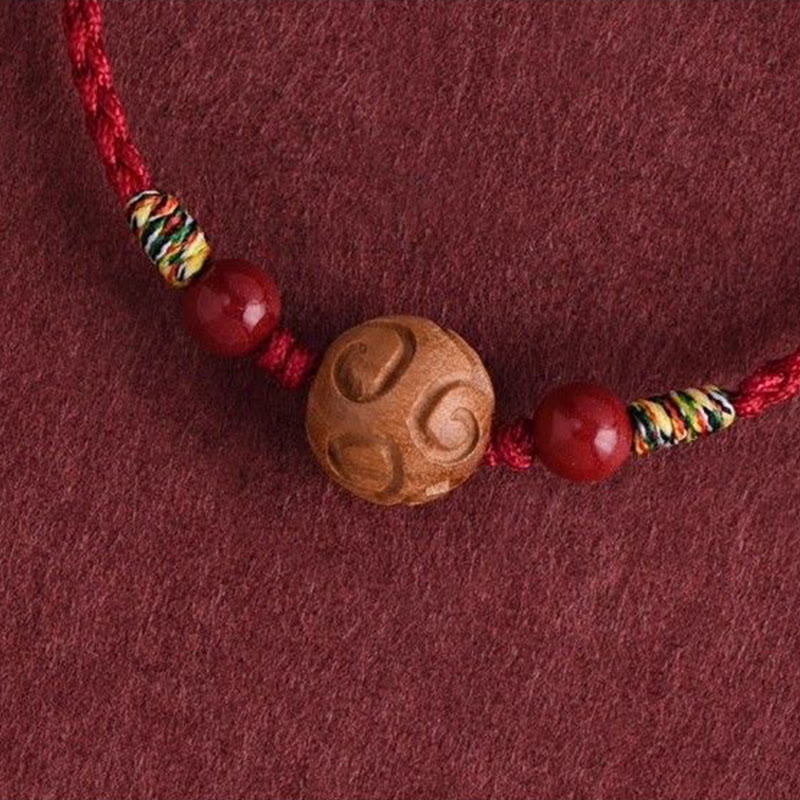 Carved Auspicious Pattern Natural Peach Wood Rope Luck Bracelet