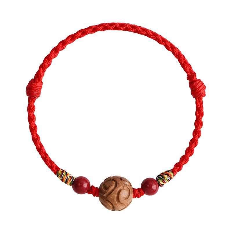 Carved Auspicious Pattern Natural Peach Wood Rope Luck Bracelet
