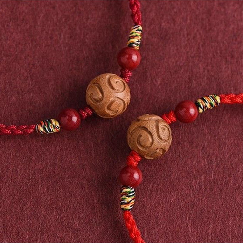 Carved Auspicious Pattern Natural Peach Wood Rope Luck Bracelet