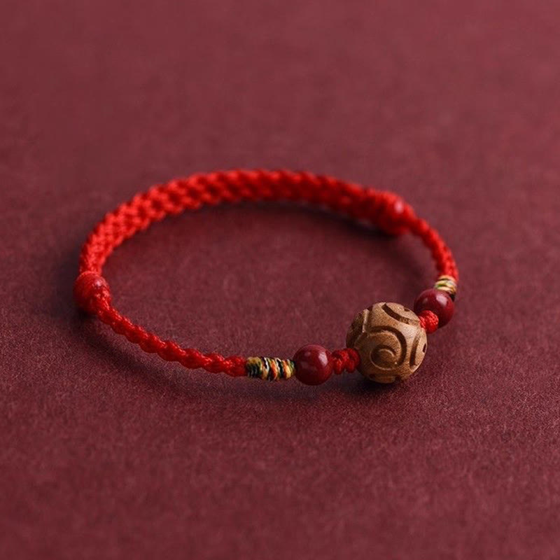 Carved Auspicious Pattern Natural Peach Wood Rope Luck Bracelet