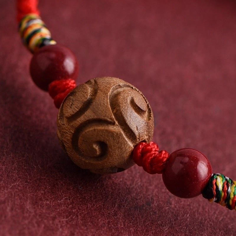Carved Auspicious Pattern Natural Peach Wood Rope Luck Bracelet