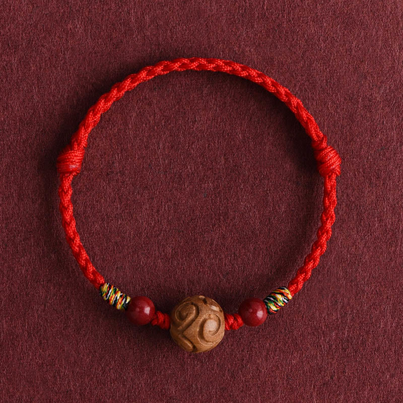 Carved Auspicious Pattern Natural Peach Wood Rope Luck Bracelet