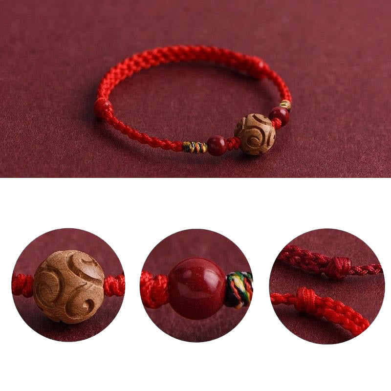 Carved Auspicious Pattern Natural Peach Wood Rope Luck Bracelet