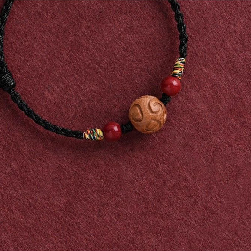 Carved Auspicious Pattern Natural Peach Wood Rope Luck Bracelet
