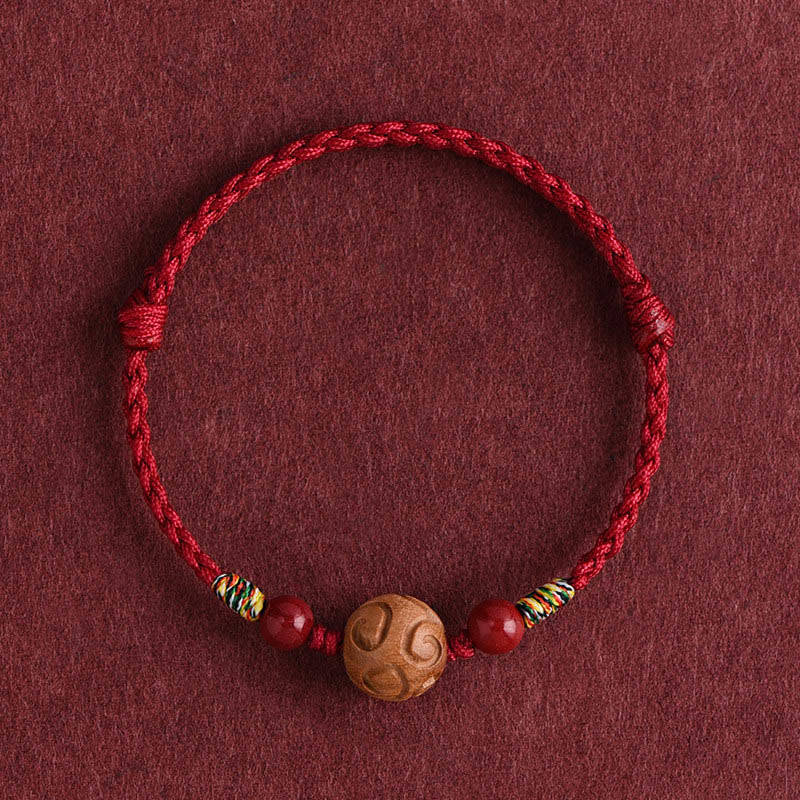 Carved Auspicious Pattern Natural Peach Wood Rope Luck Bracelet