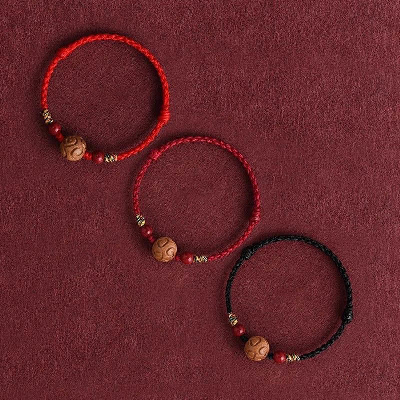 Carved Auspicious Pattern Natural Peach Wood Rope Luck Bracelet