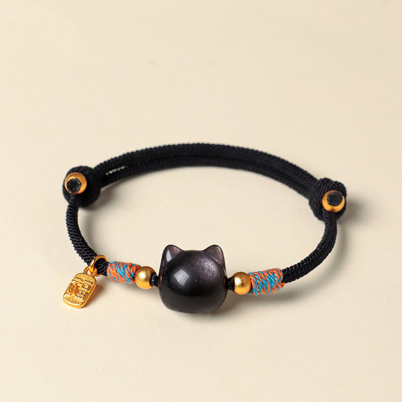 Cat Fu Character Silver Sheen Obsidian Pink Crystal String Protection Bracelet