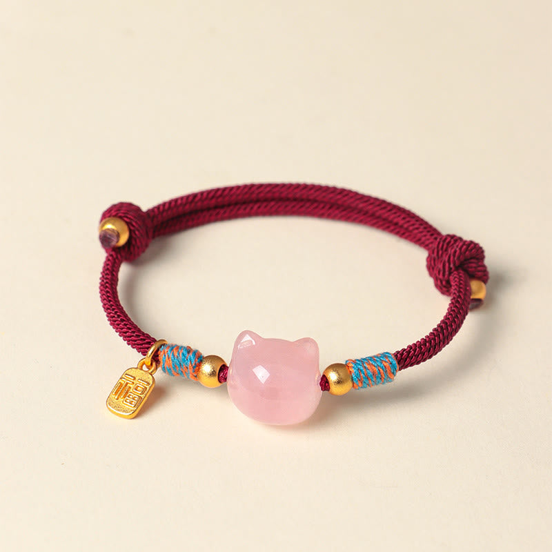 Cat Fu Character Silver Sheen Obsidian Pink Crystal String Protection Bracelet