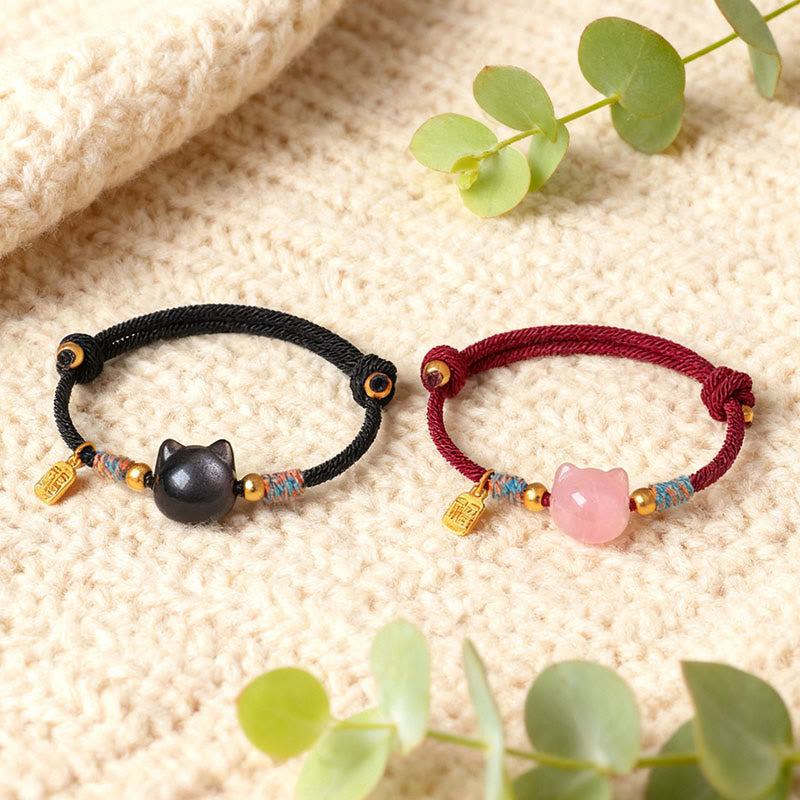 Cat Fu Character Silver Sheen Obsidian Pink Crystal String Protection Bracelet