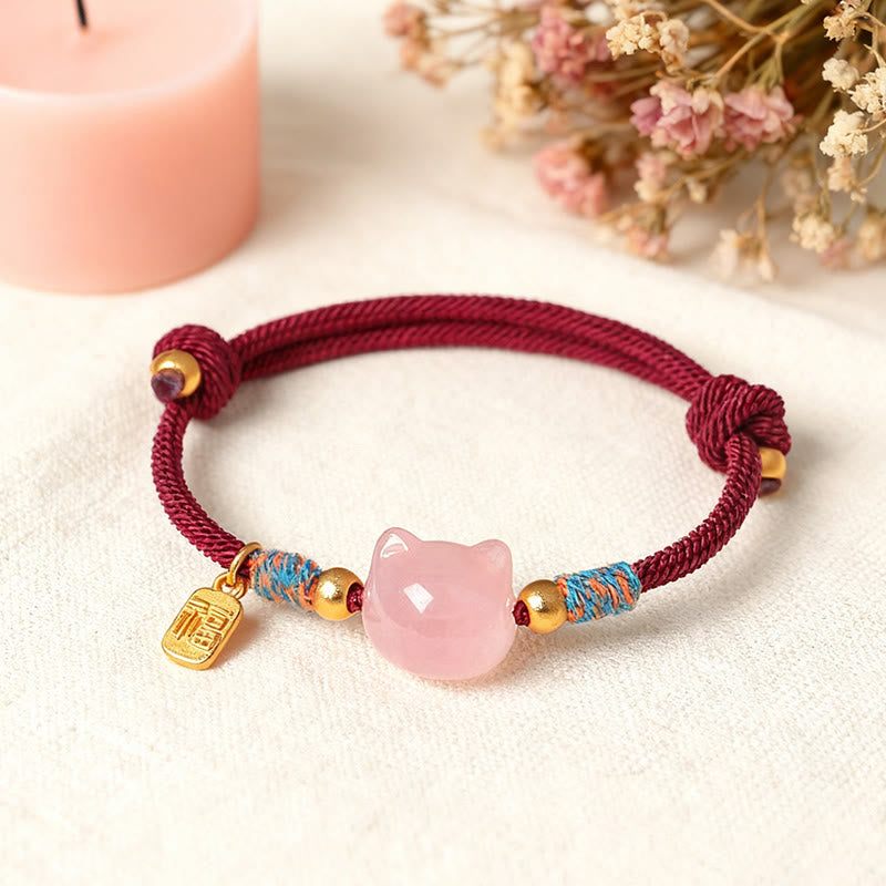 Cat Fu Character Silver Sheen Obsidian Pink Crystal String Protection Bracelet