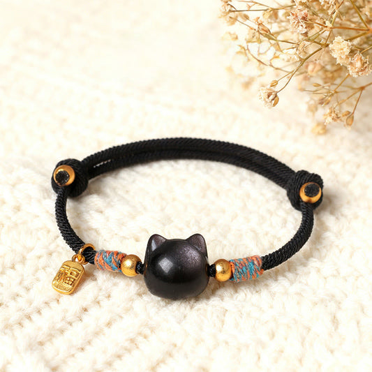 Cat Fu Character Silver Sheen Obsidian Pink Crystal String Protection Bracelet
