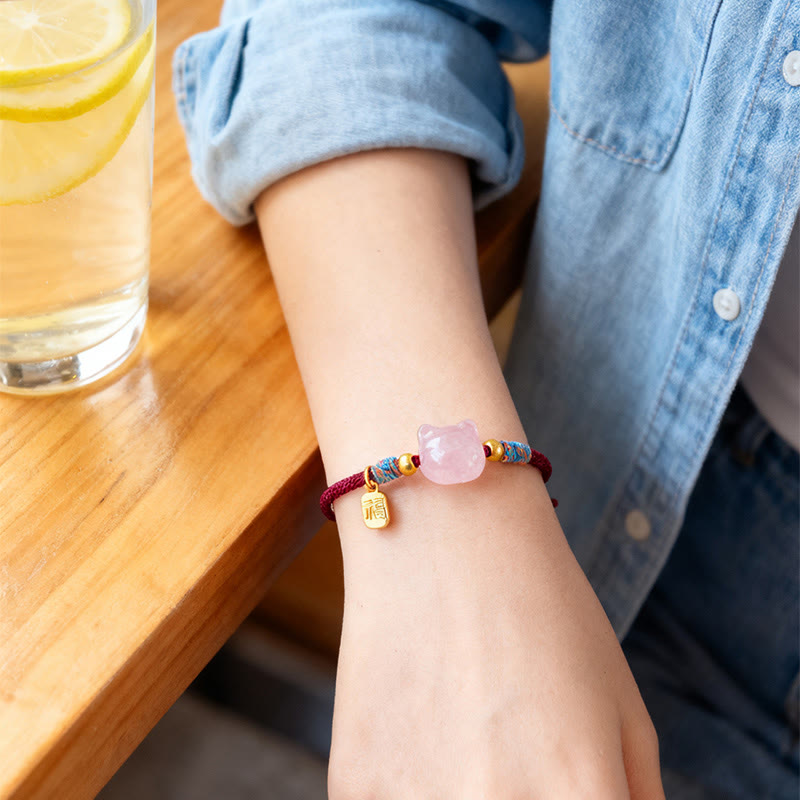 Cat Fu Character Silver Sheen Obsidian Pink Crystal String Protection Bracelet