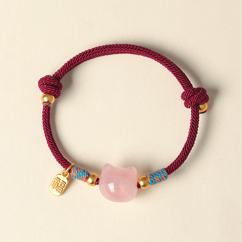 Cat Fu Character Silver Sheen Obsidian Pink Crystal String Protection Bracelet