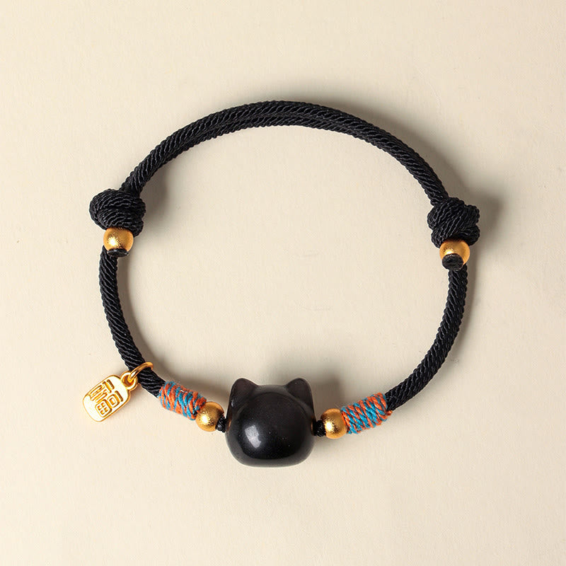 Cat Fu Character Silver Sheen Obsidian Pink Crystal String Protection Bracelet