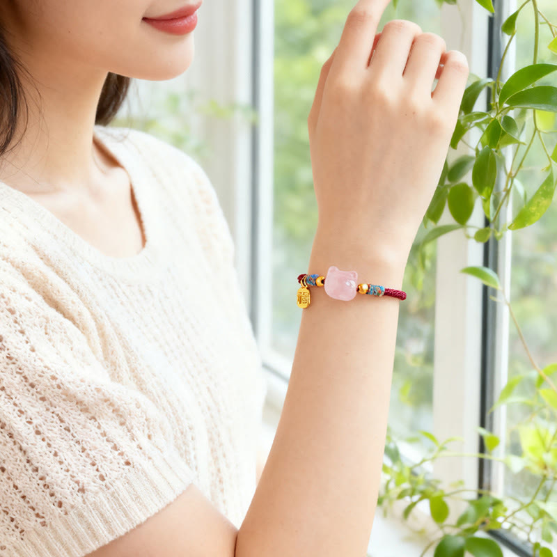 Cat Fu Character Silver Sheen Obsidian Pink Crystal String Protection Bracelet
