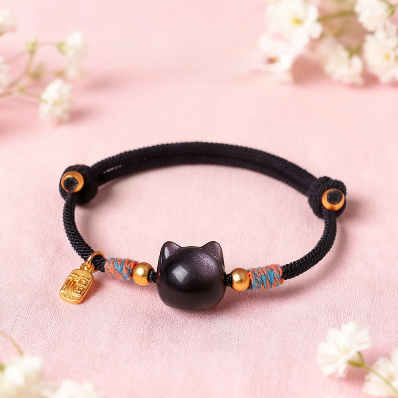 Cat Fu Character Silver Sheen Obsidian Pink Crystal String Protection Bracelet
