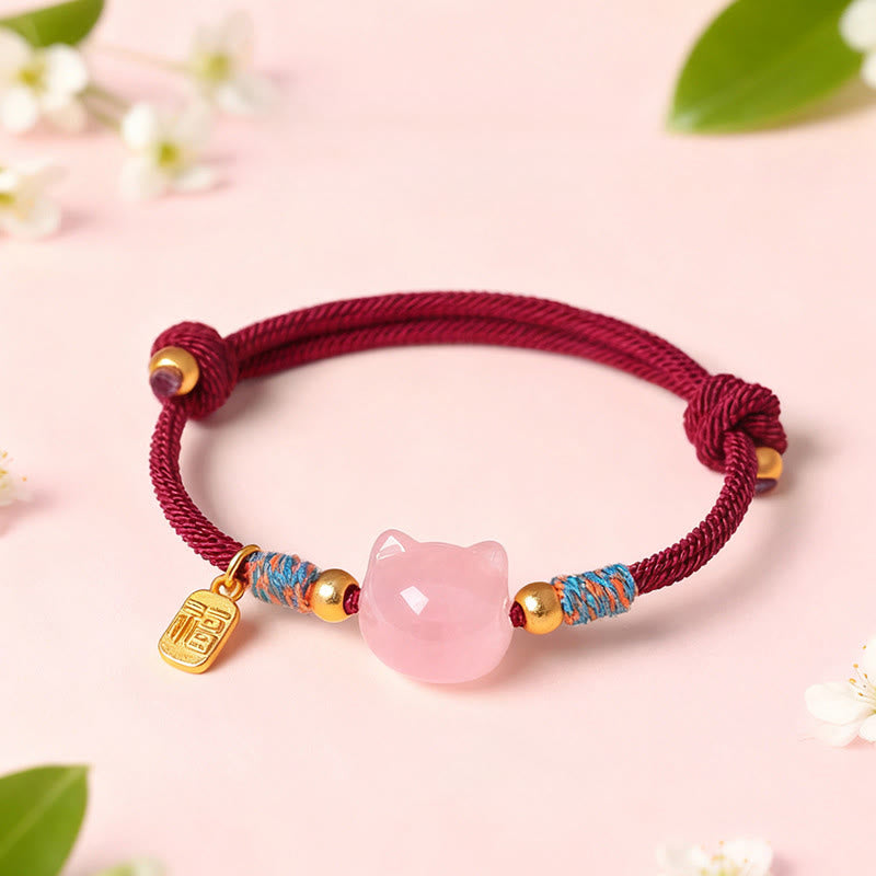 Cat Fu Character Silver Sheen Obsidian Pink Crystal String Protection Bracelet