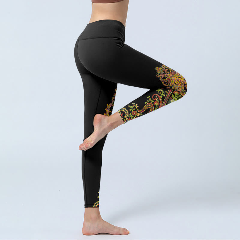 Multicolor Paisley Floral Print Gym Leggings Women's Yoga Pants
