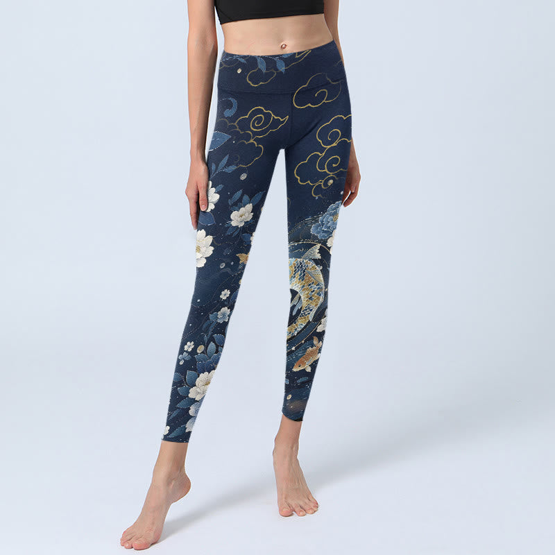 Blue White Peony Flowers Koi Fish Print Gym Leggings Women's Yoga Pants