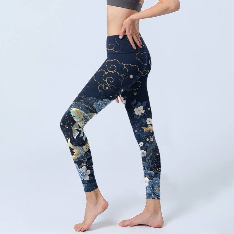 Blue White Peony Flowers Koi Fish Print Gym Leggings Women's Yoga Pants