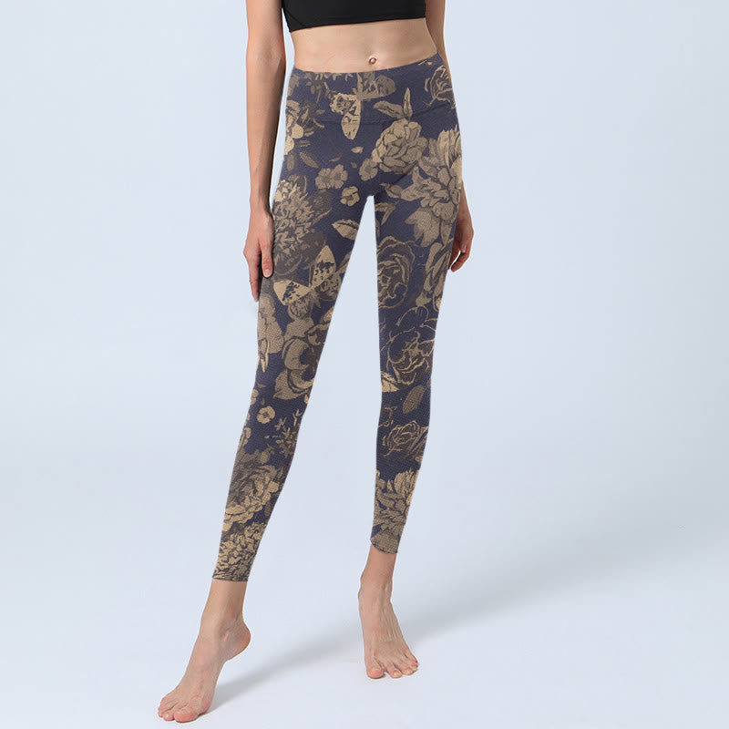 Retro Color Scheme Flower Butterfly Leaf Print Gym Leggings Women's Yoga Pants