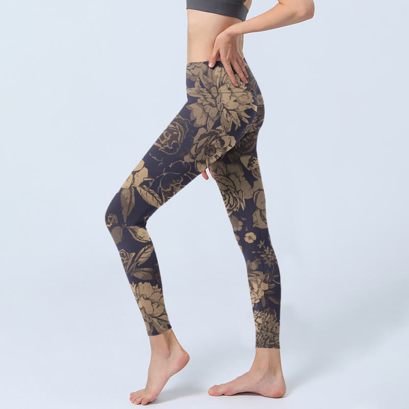 Retro Color Scheme Flower Butterfly Leaf Print Gym Leggings Women's Yoga Pants