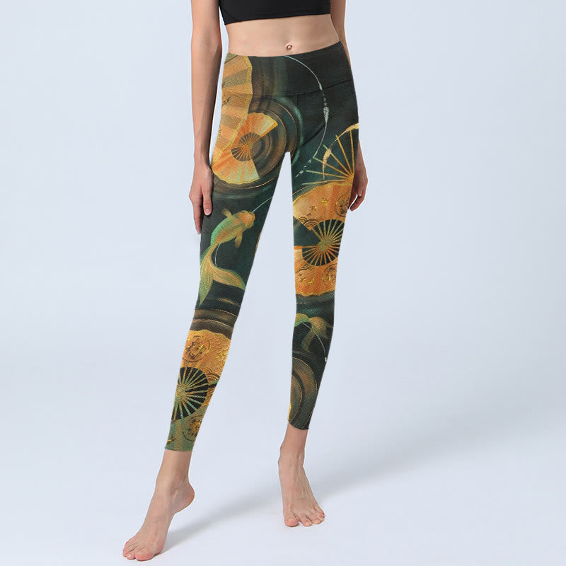 Gorgeous Folding Fan Koi Fish Print Gym Leggings Women's Yoga Pants