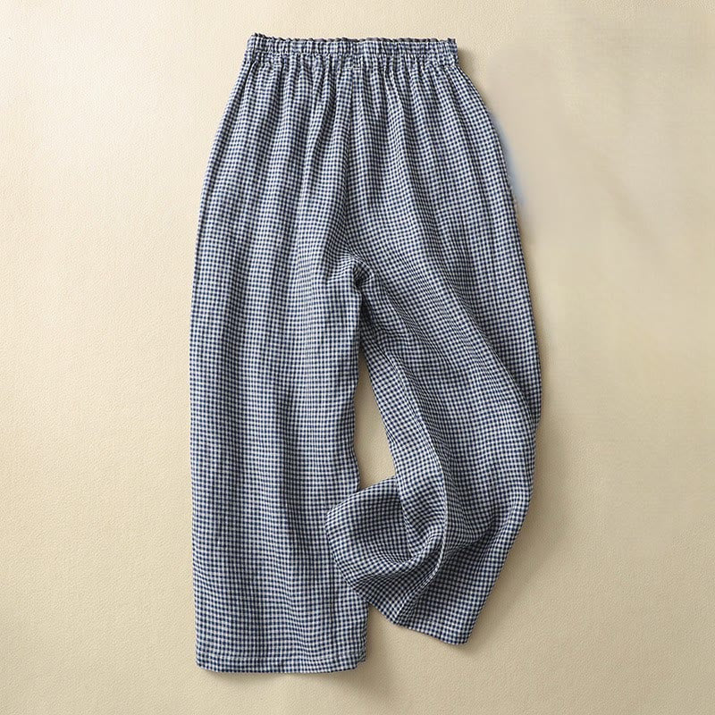 Commute Casual Checkered Pattern 7-8 Length Women's Wide Leg Cotton Linen Pants With Pockets
