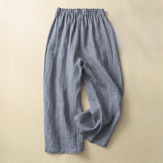 Commute Casual Checkered Pattern 7-8 Length Women's Wide Leg Cotton Linen Pants With Pockets