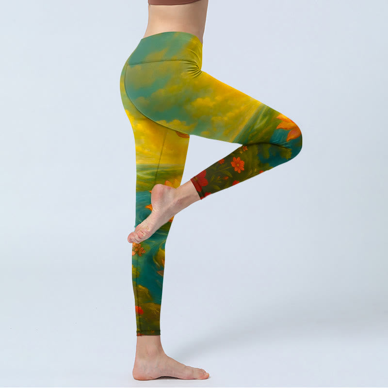 Symmetrical Om Symbol Lotus Flower Small Flower Tree Cloud Pattern Print Gym Leggings Women's Yoga Pants