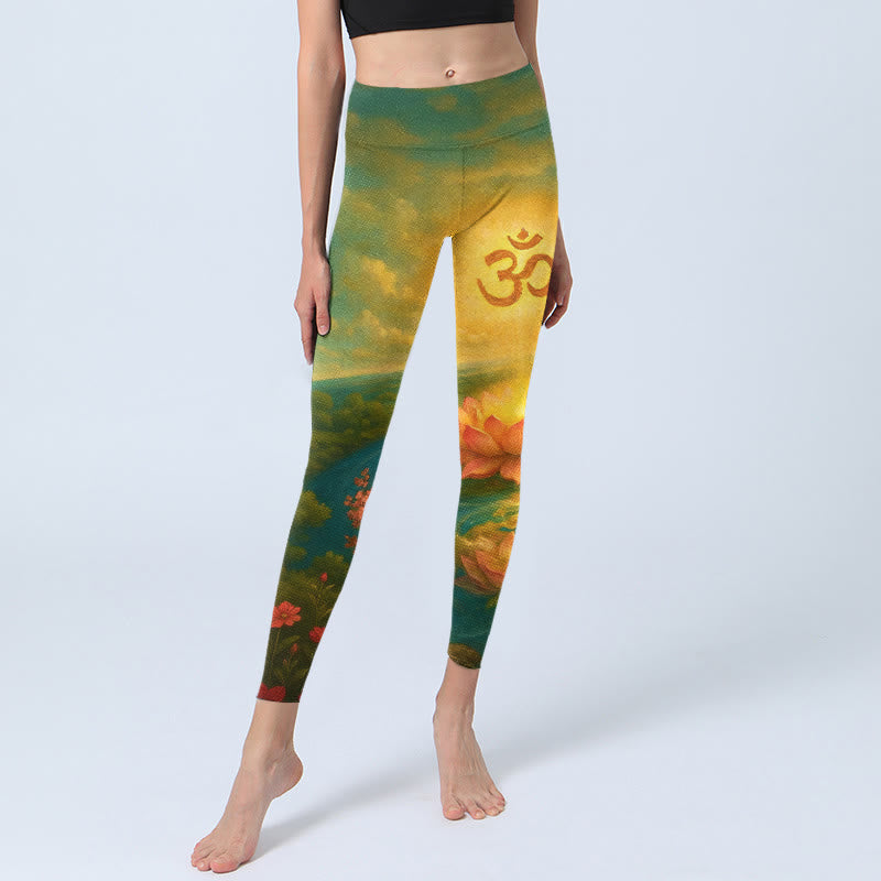 Symmetrical Om Symbol Lotus Flower Small Flower Tree Cloud Pattern Print Gym Leggings Women's Yoga Pants