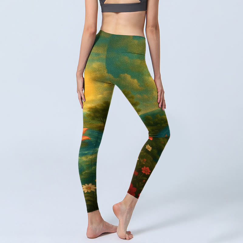 Symmetrical Om Symbol Lotus Flower Small Flower Tree Cloud Pattern Print Gym Leggings Women's Yoga Pants