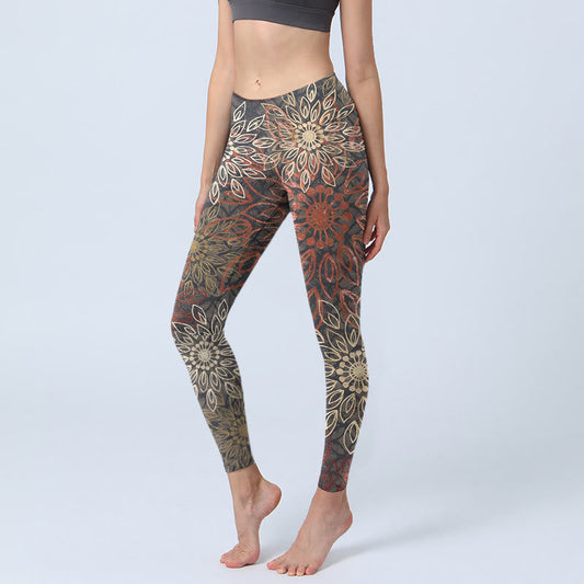 Symmetrical Retro Flower Pattern Print Gym Leggings Women's Yoga Pants