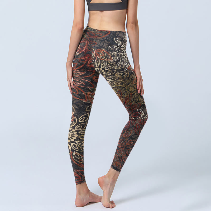 Symmetrical Retro Flower Pattern Print Gym Leggings Women's Yoga Pants