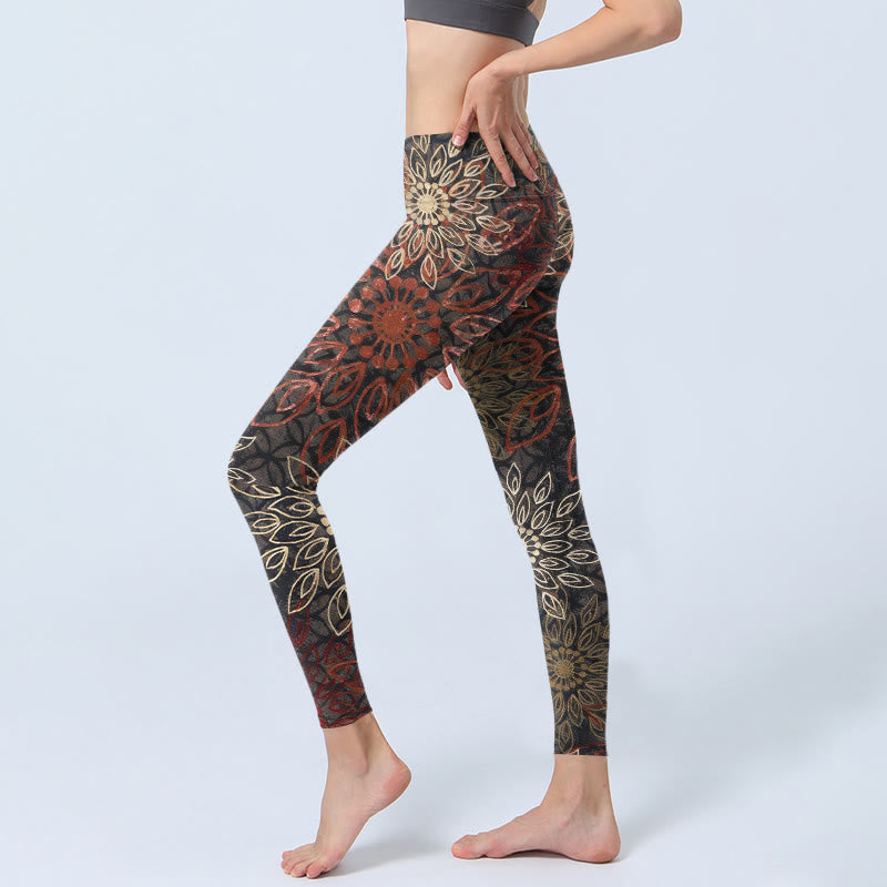 Symmetrical Retro Flower Pattern Print Gym Leggings Women's Yoga Pants