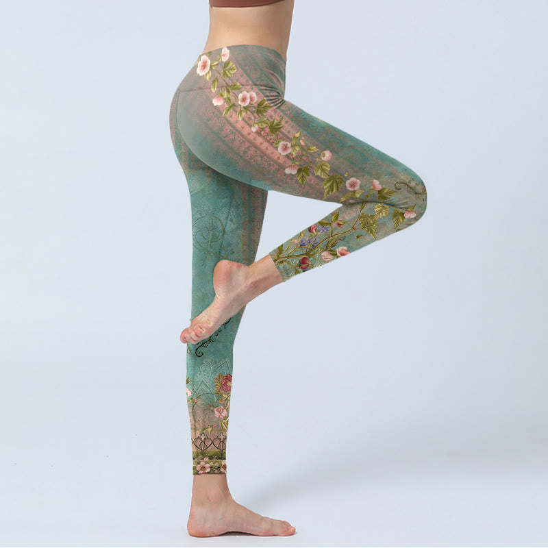 Symmetrical Retro Flower Leaf Vine Fence Pattern Print Gym Leggings Women's Yoga Pants
