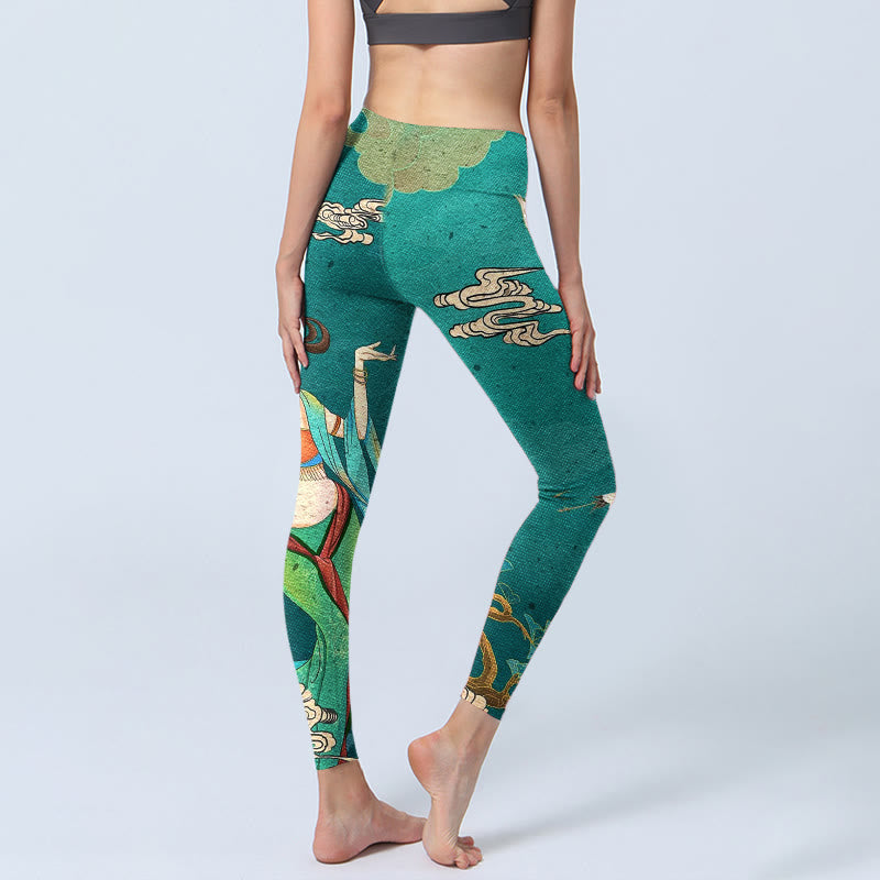 Elegant Fairy Crane Cloud Pine Tree Pattern Print Gym Leggings Women's Yoga Pants