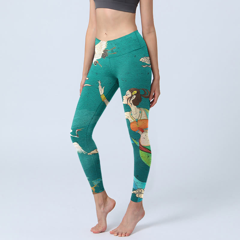 Elegant Fairy Crane Cloud Pine Tree Pattern Print Gym Leggings Women's Yoga Pants