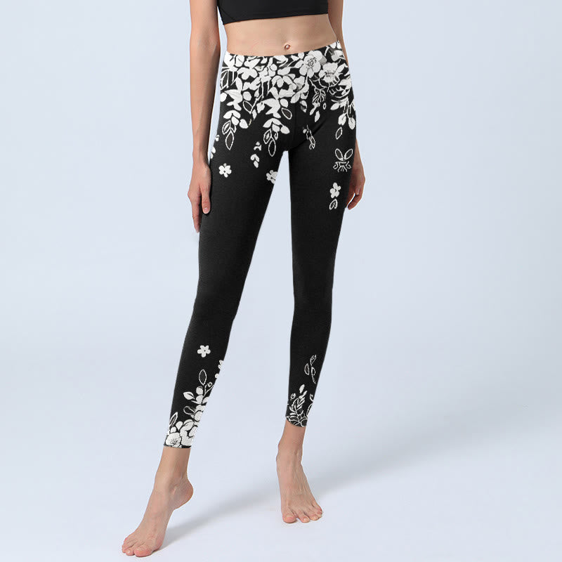 Black White Contrast Flower Pattern Print Gym Leggings Women's Yoga Pants