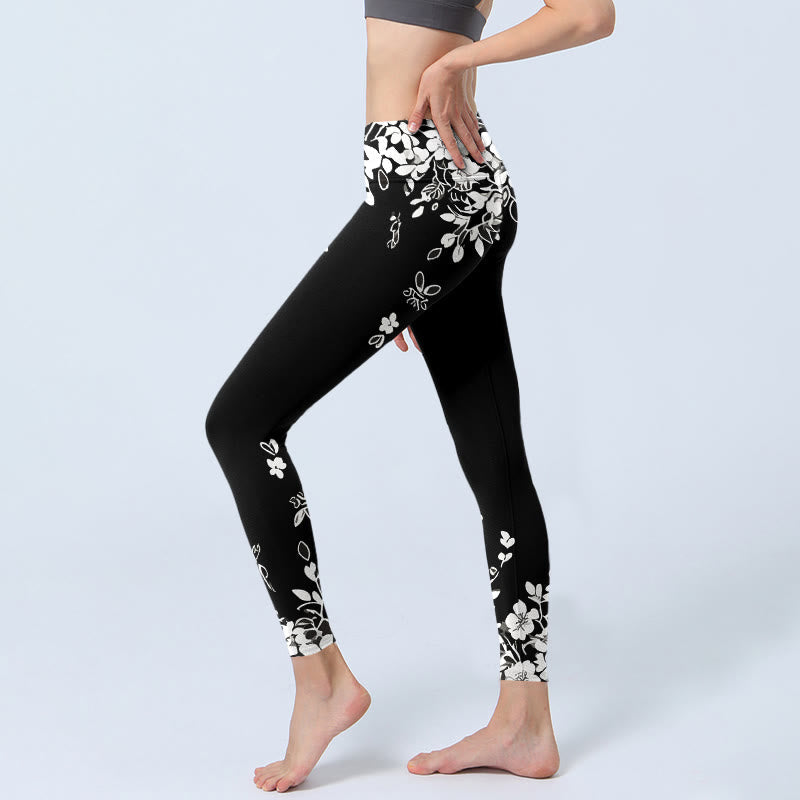 Black White Contrast Flower Pattern Print Gym Leggings Women's Yoga Pants