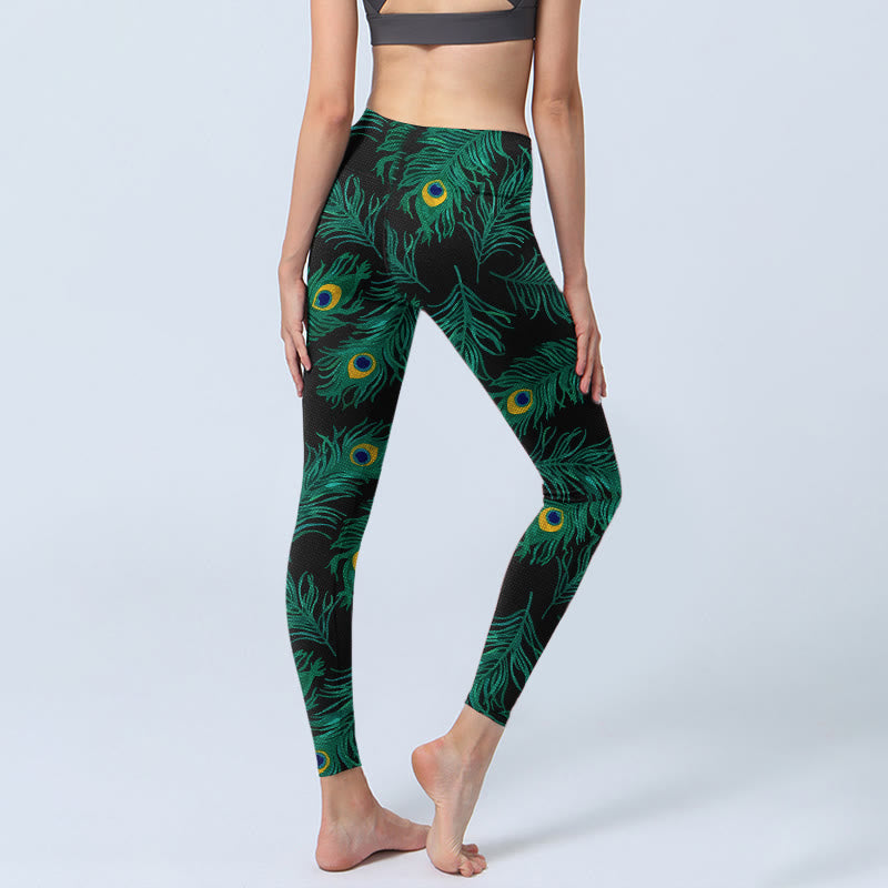 Retro Peacock Feather Pattern Print Gym Leggings Women's Yoga Pants