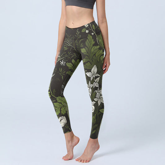 Retro Flower Leaf Pattern Print Gym Leggings Women's Yoga Pants
