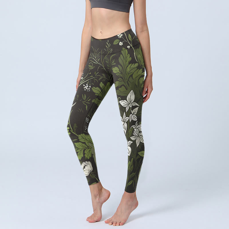 Retro Flower Leaf Pattern Print Gym Leggings Women's Yoga Pants