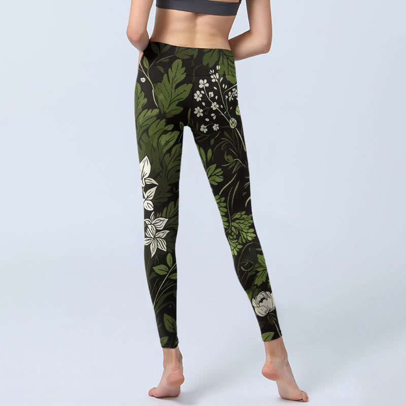 Retro Flower Leaf Pattern Print Gym Leggings Women's Yoga Pants