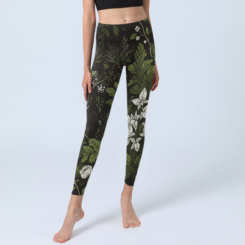 Retro Flower Leaf Pattern Print Gym Leggings Women's Yoga Pants