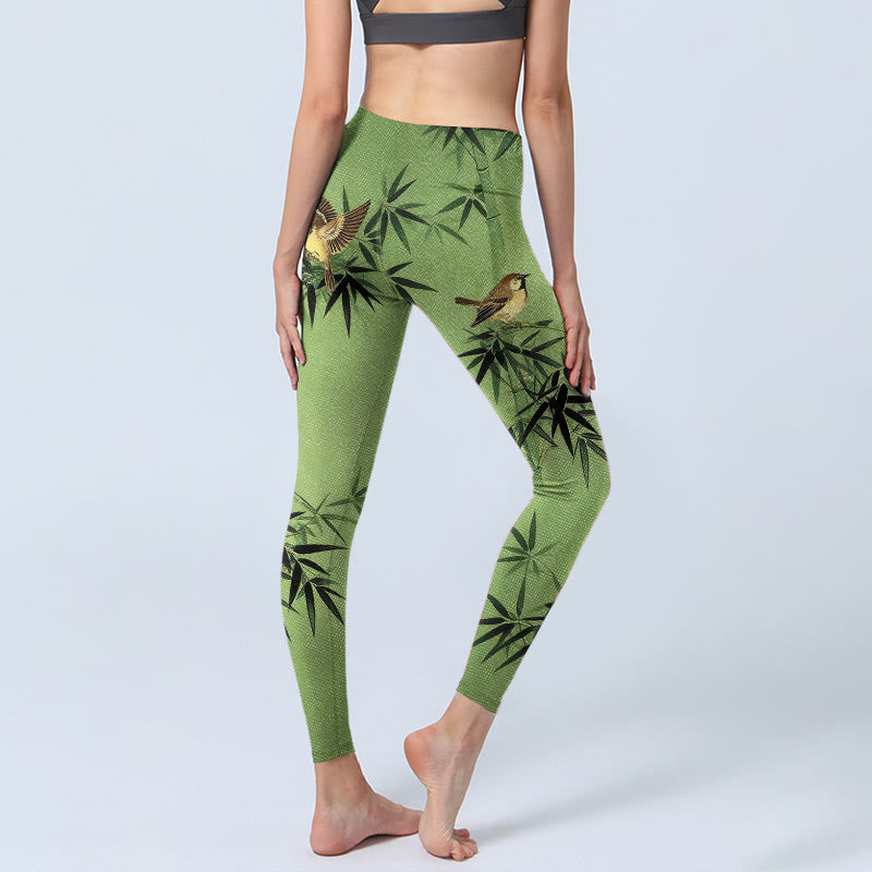 Elegant Bird Bamboo Leaf Pattern Print Gym Leggings Women's Yoga Pants