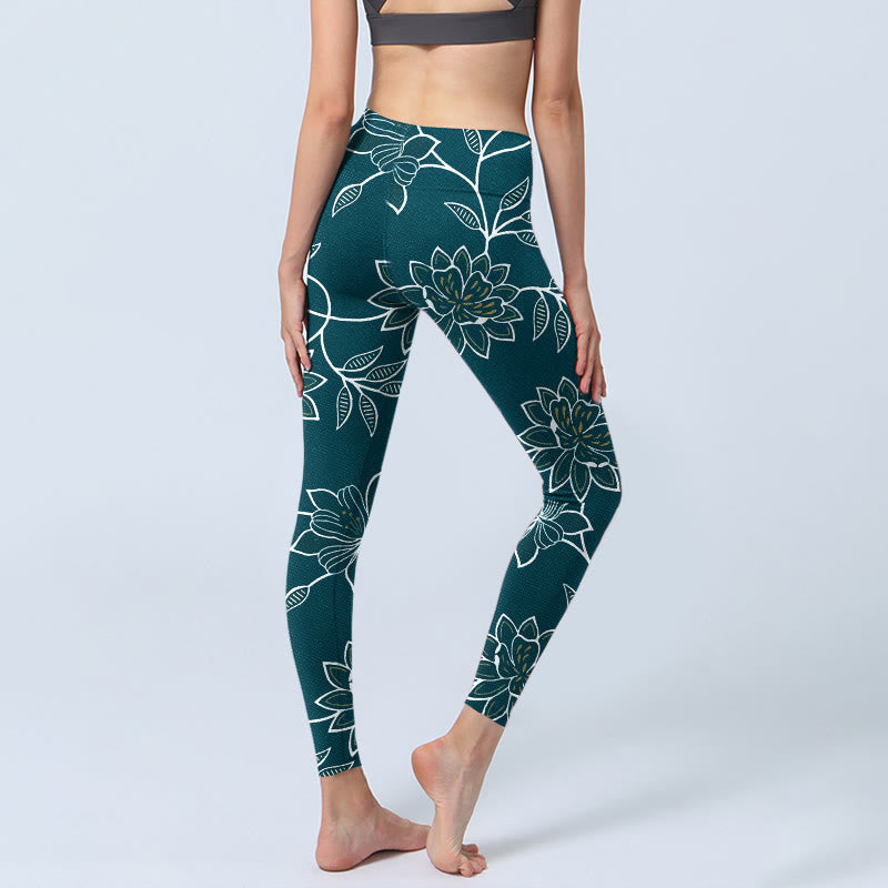 Retro Elegant Flower Leaf Pattern Print Gym Leggings Women's Yoga Pants