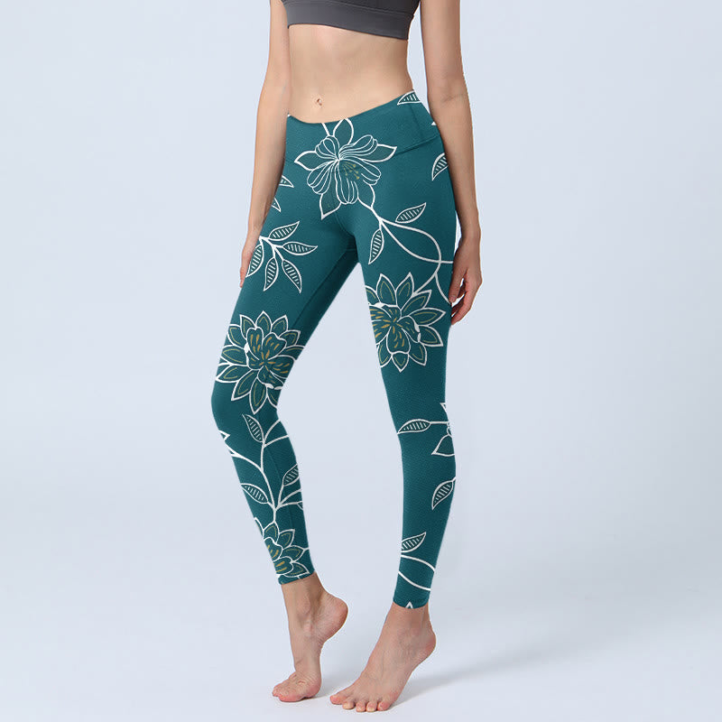 Retro Elegant Flower Leaf Pattern Print Gym Leggings Women's Yoga Pants