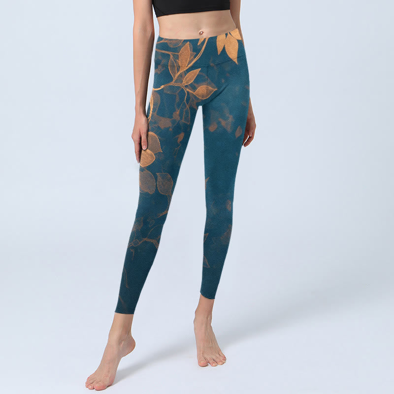 Elegant Leaf Pattern Print Gym Leggings Women's Yoga Pants