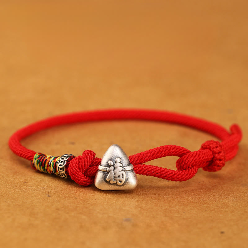 999 Sterling Silver Fu Character Zongzi Fortune Luck Rope Bracelet